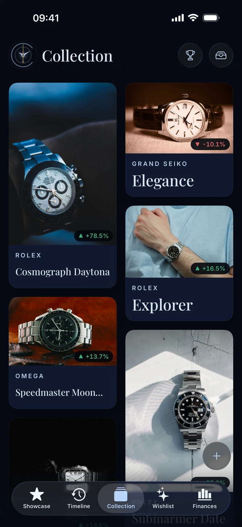 The Collection grid with photographs and gain or loss badges