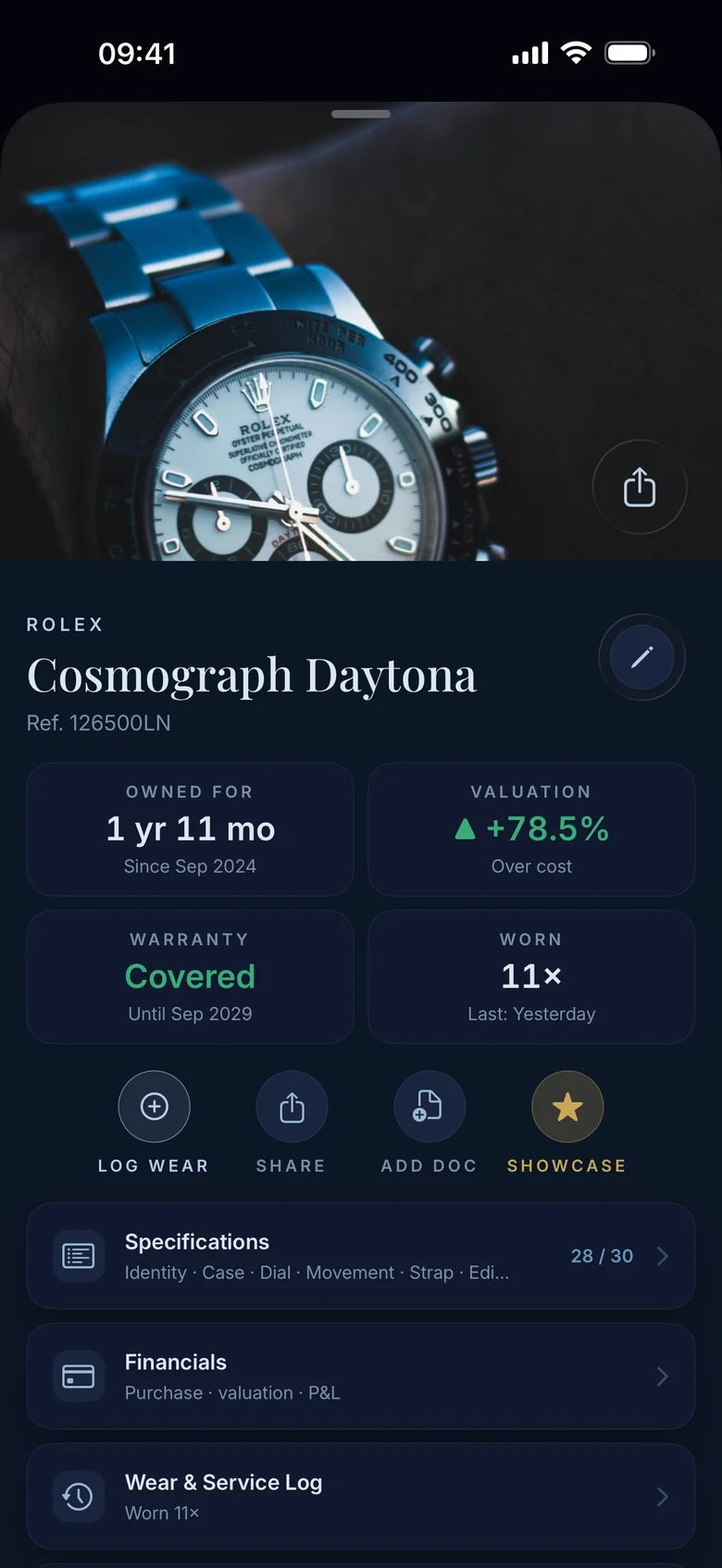 A watch record for a Rolex Cosmograph Daytona showing ownership, valuation, warranty and wear