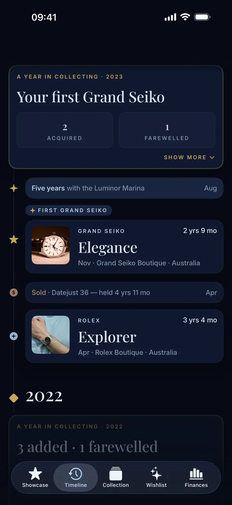 The Timeline, with a year in collecting summarised and acquisitions listed beneath